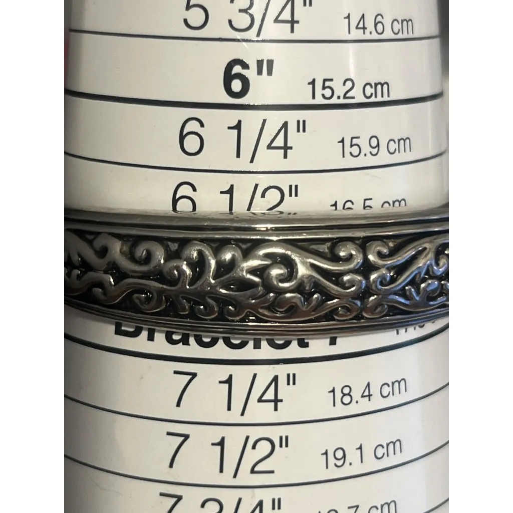 Vintage Silver Tone Clamper Bangle Bracelet Etched Scrollwork 5/8" wide 6.5" - Image 6