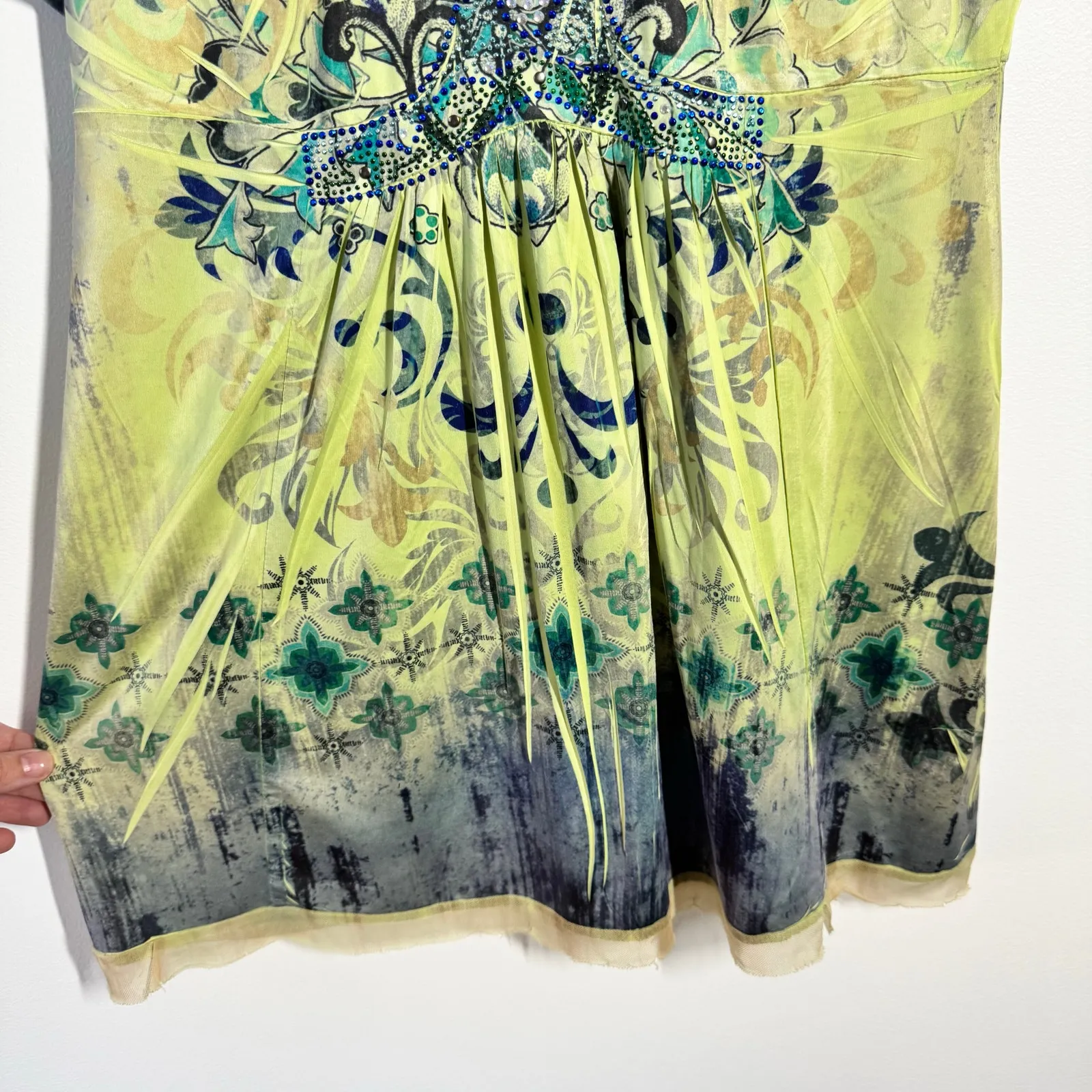 One World Top Women M Lime Green Mesh Sheer Back Bling Sparkly Fairy Y2K Babydol - Image 7