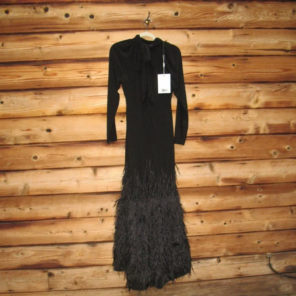 MAC DUGGAL  11839 Black Jersey Long Sleeve High Neck Feather Gown - Image 14