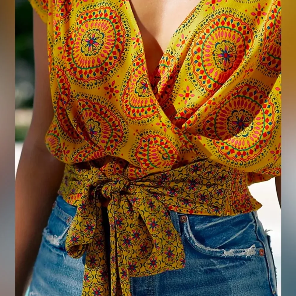 Anthropologie Maeve Cap Sleeve Wrap Top Mixed Media Yellow Printed Blouse, Sz S - Image 3