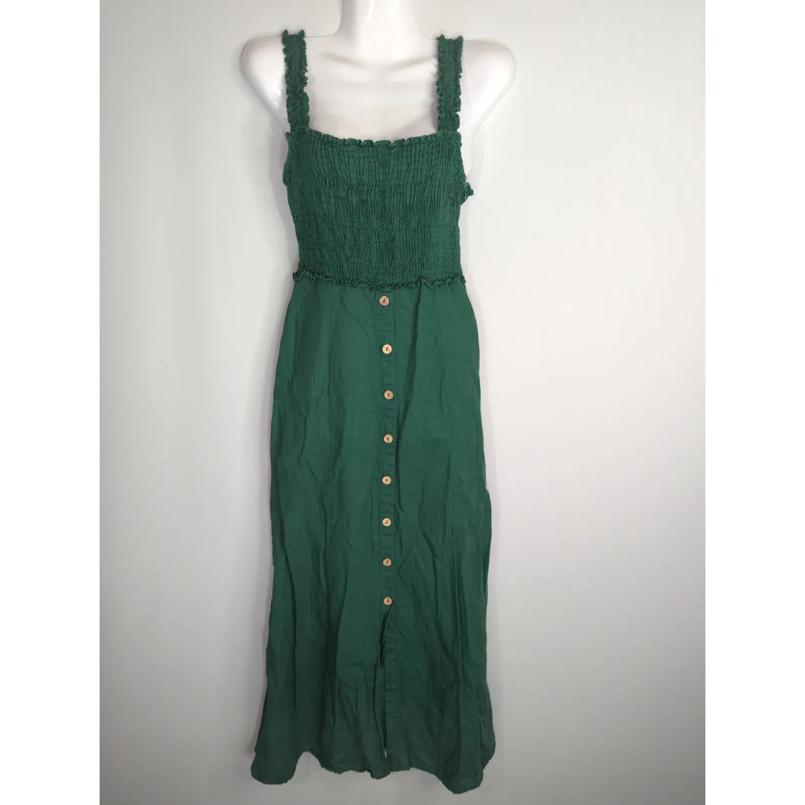 Zara Kelly Green Smocked Linen Blend Maxi Dress‎ Women's Small Cottage Prairie - Image 2