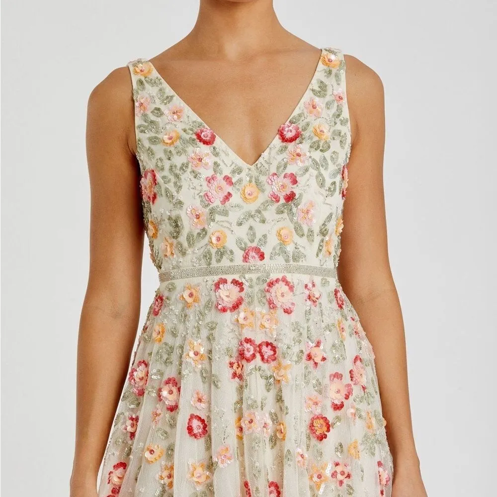 Mac Duggal 5527 Cream V-Neck Sleeveless Midi Floral Beaded A-line Dress $598 - Image 6