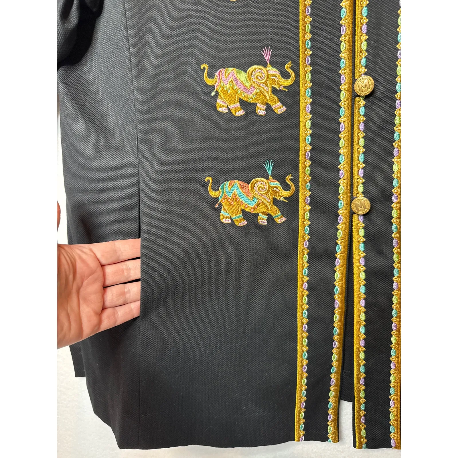 Bob Mackie wearable art black coat embroidered Elephants gold logo buttons large - Image 10