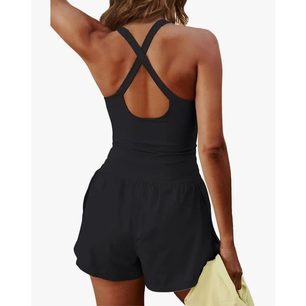 NEW Athletic Romper Shorts Workout Tennis Golf M Black Size M - Image 2