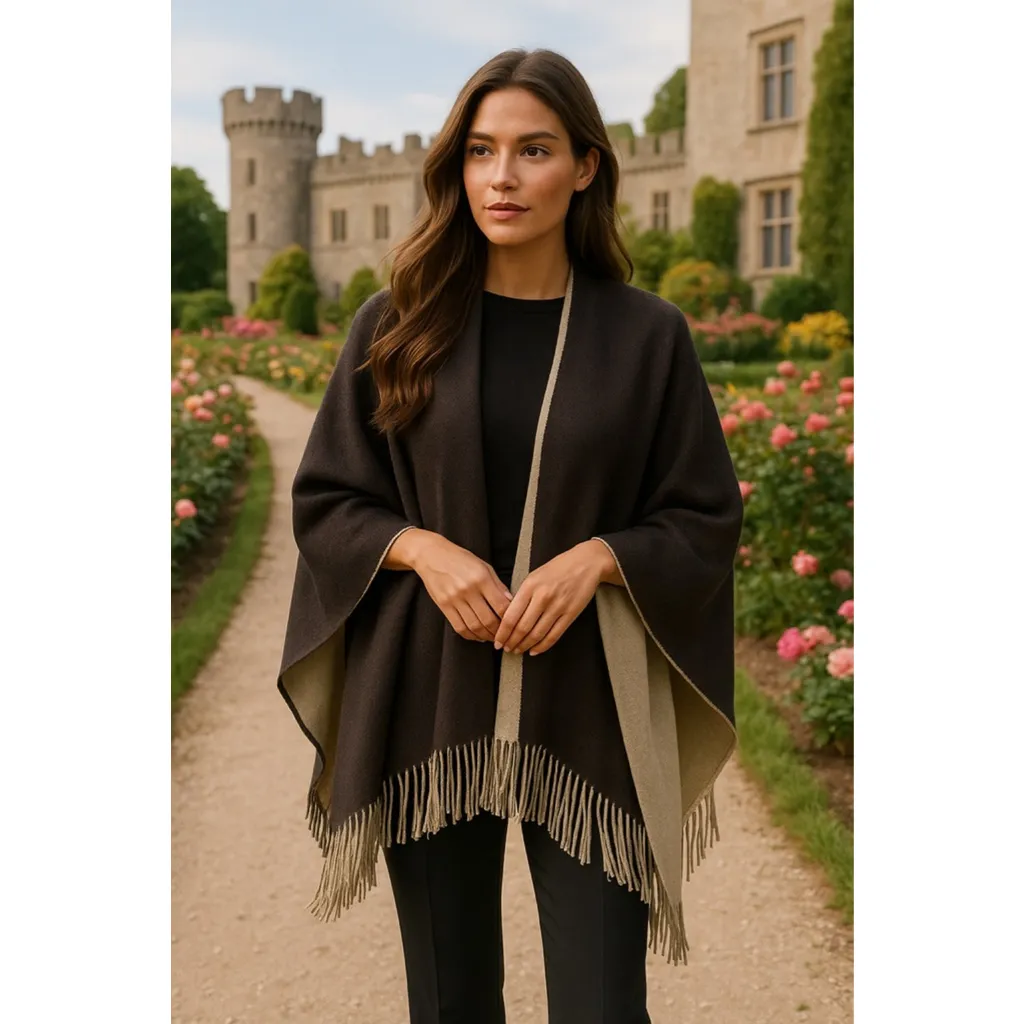 New York & Co Reversible Fringe Shawl Wrap Taupe Brown NWT Scandi Parisian Boho Size undefined - Image 2