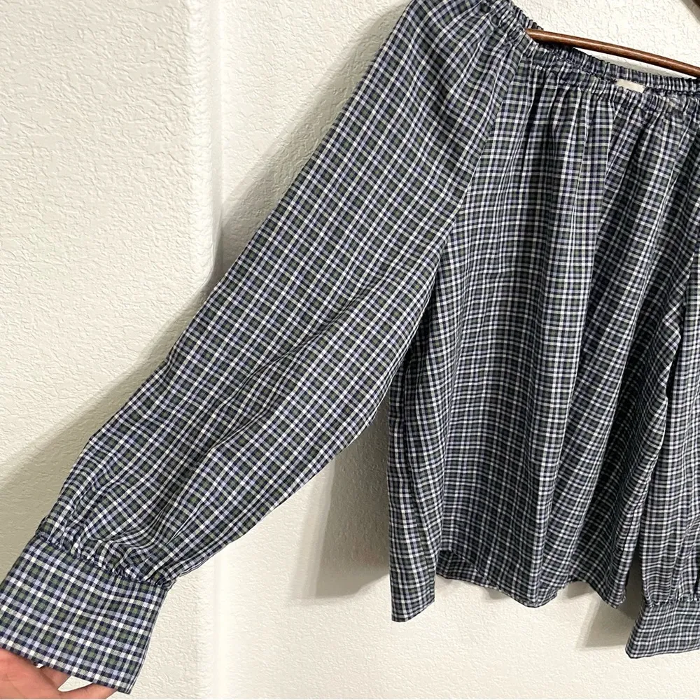 Loft Womens Shirt Blouse Blue Plaid Long Sleeve Off The Shoulder Size Large - Image 5