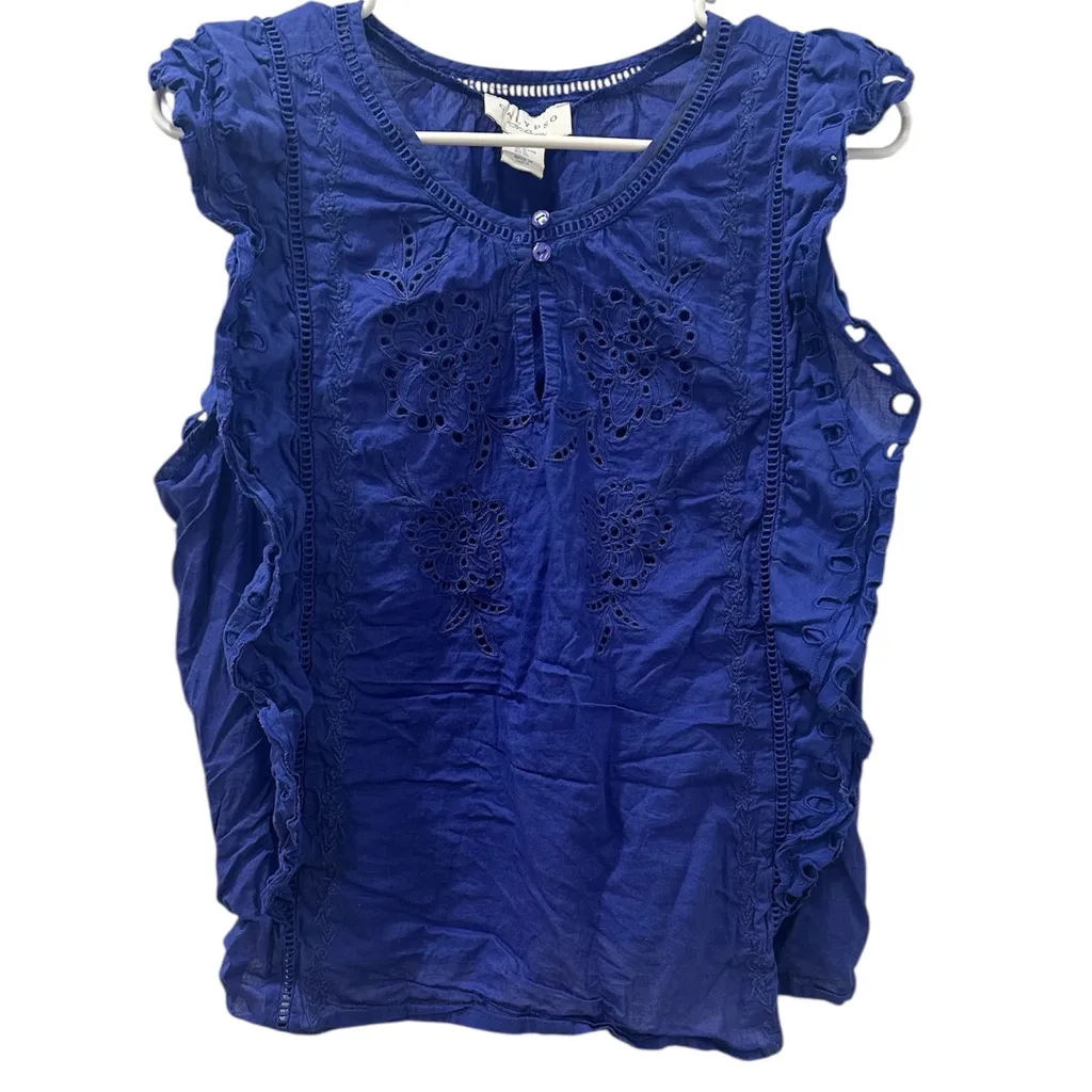 Calypso St. Barth Blue Sleeveless Eyelet Blouse Size XL - Image 2