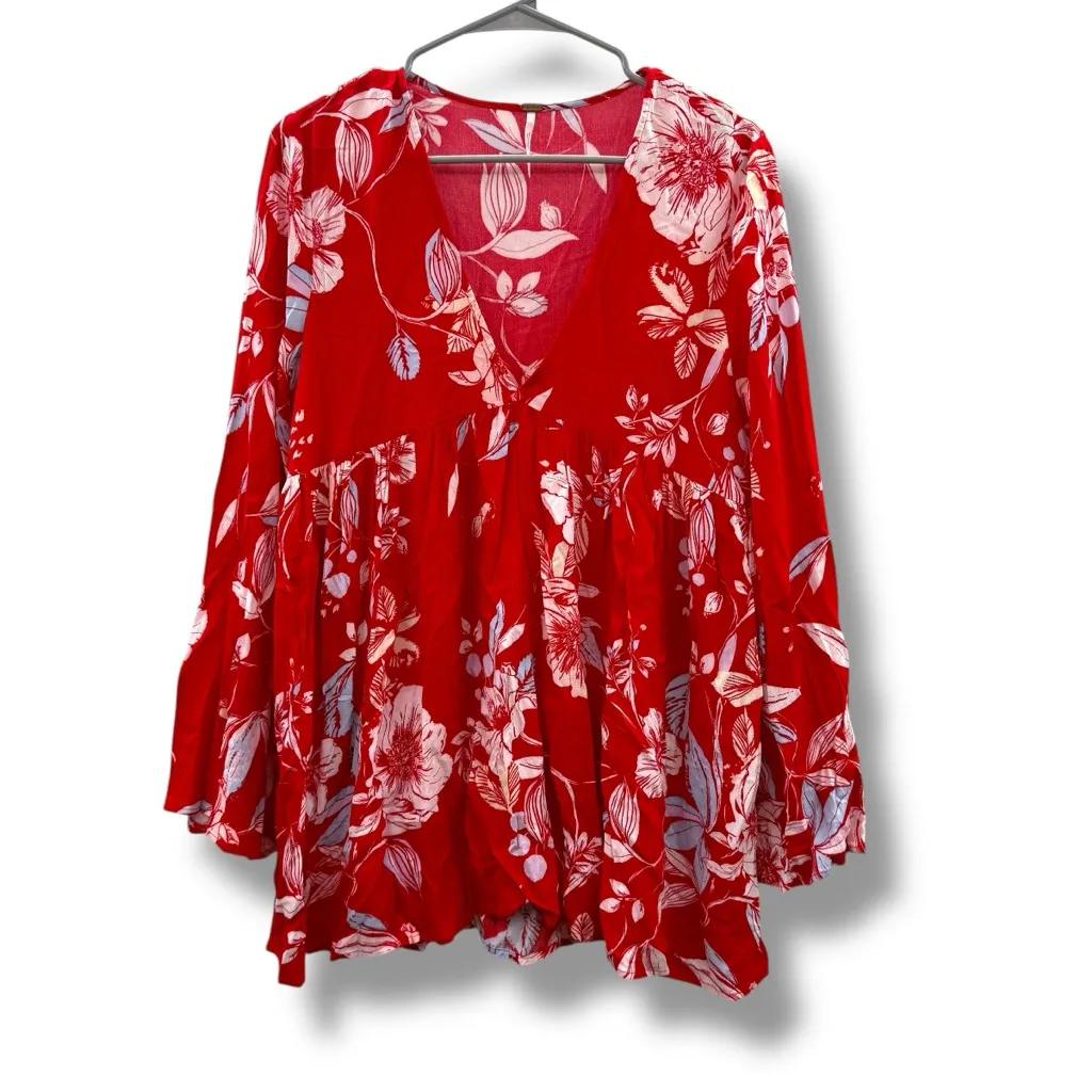 Free People Bella Red & White Floral‎ Print Long Sleeve V Neck Tunic Top Sz S - Image 2