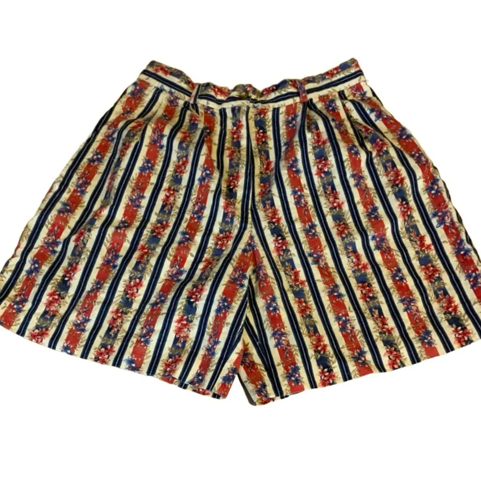 VINTAGE 1990'S TALBOTS LINEN BLEND BLUE STRIPED & RED FLORAL SHORTS (6) - Image 8