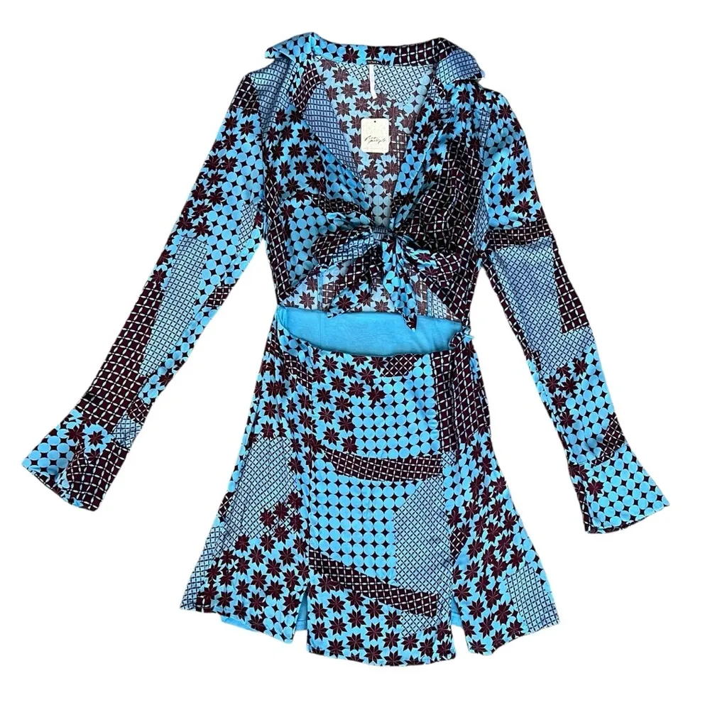 Free People x REVOLVE Women’s Miki Long Sleeve Blue Sea Combo Printed Mini Dress - Image 2