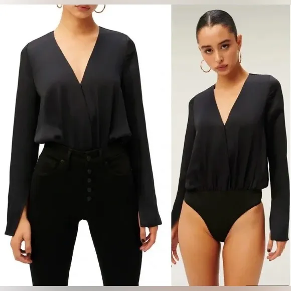 Good American Faux Wrap Satin Flowy Bodysuit in Black - Image 2