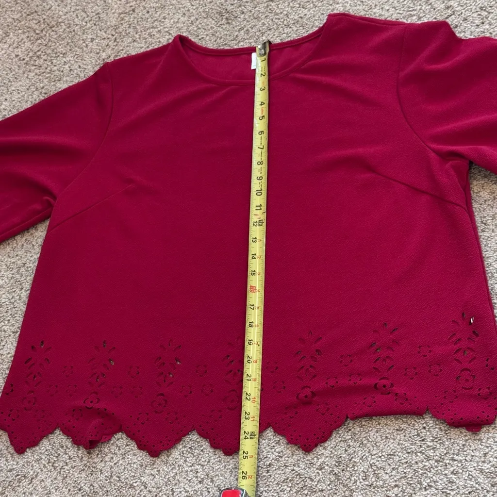 Red Laser Cut Scallop Hem Bell Sleeve Top 3XL Holiday Party Casual Festive Chic Size 3X - Image 9