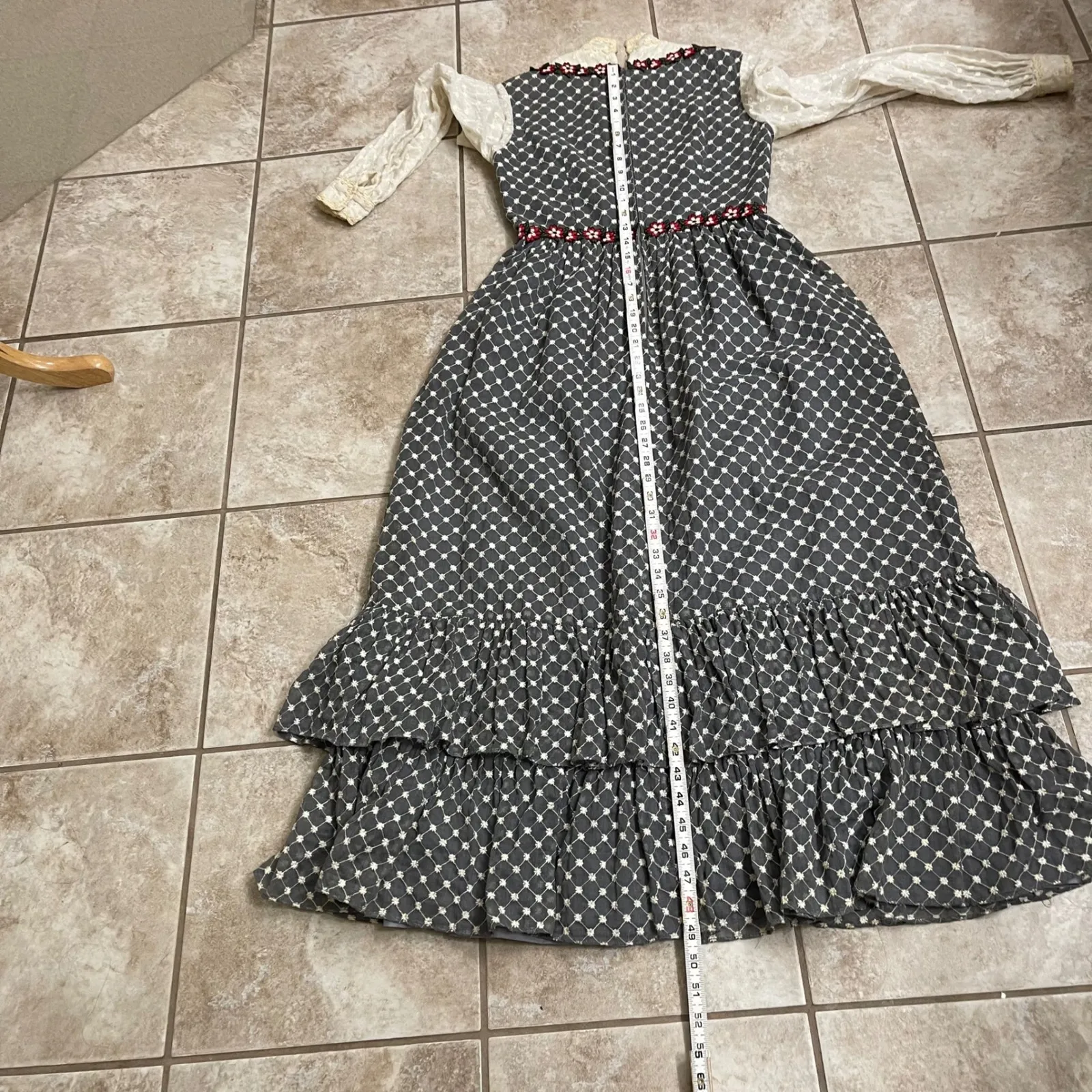 Vtg Floral Embroidered Maxi Dress Mock Neck Lace Ruffle Victorian sm - Image 10