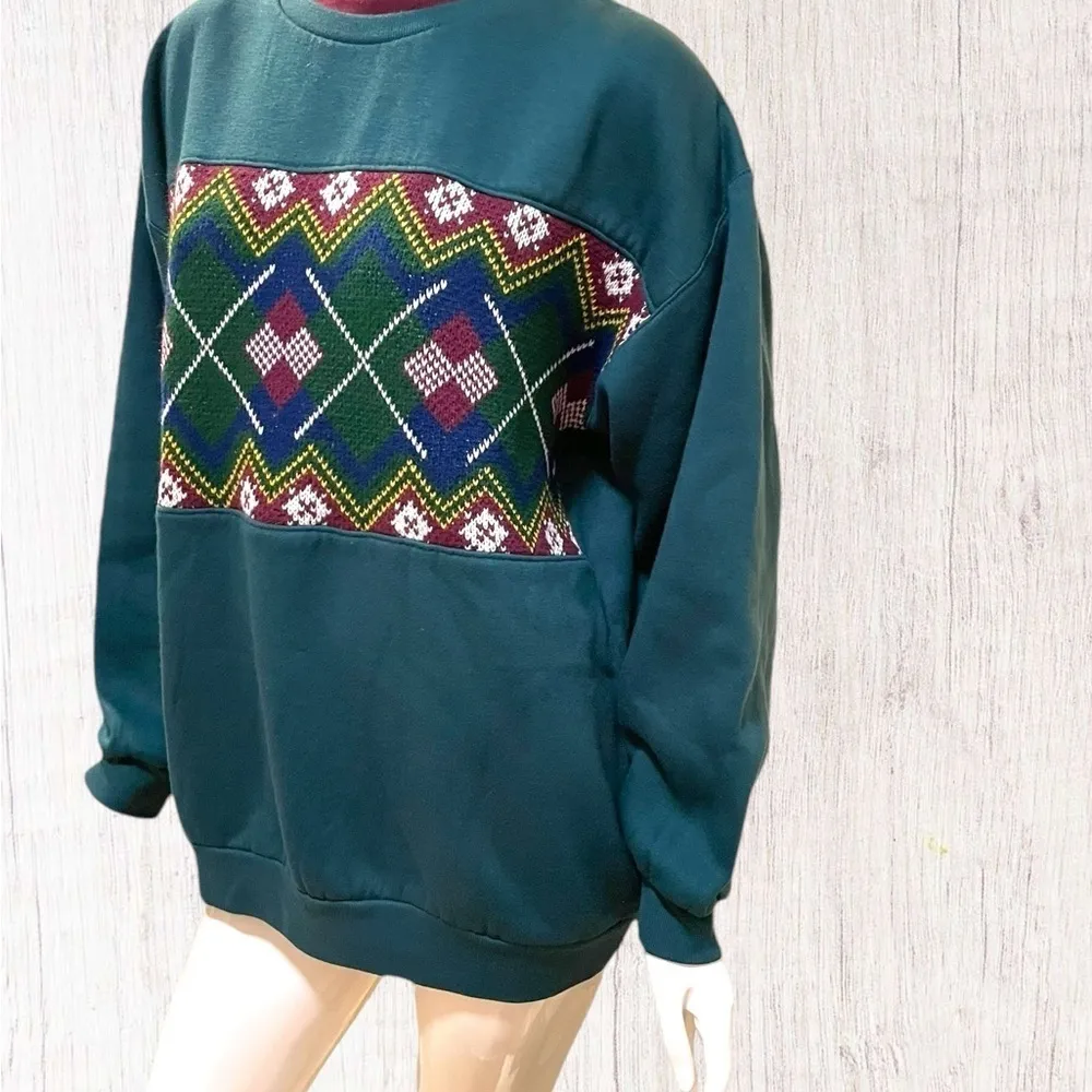 Vintage 90s Green Argyle Crewneck Preppy Long Sleeve Pullover Sweatshirt 2x - Image 9