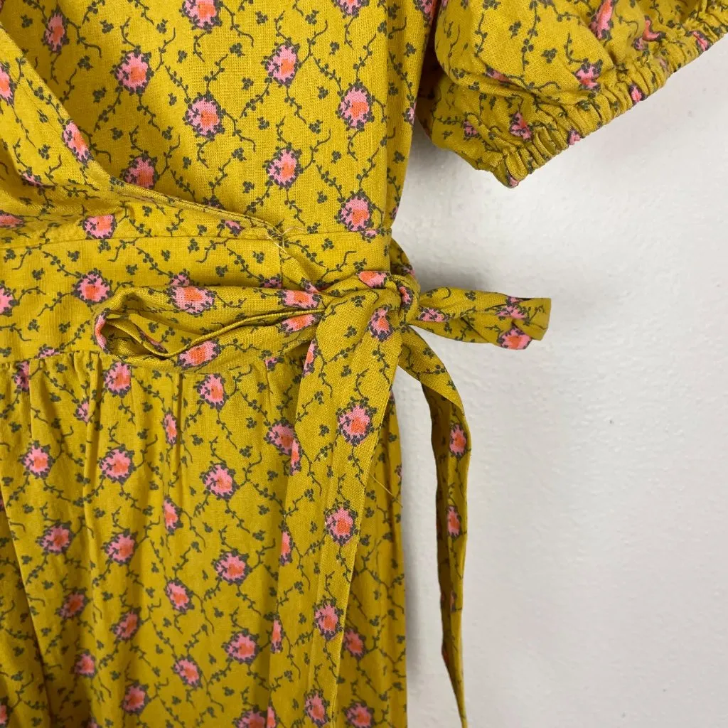 Frnch‎ Paris Yellow Floral Wrap Midi Dress S V-Neck Puff Sleeves Cinch Waist Tie - Image 6