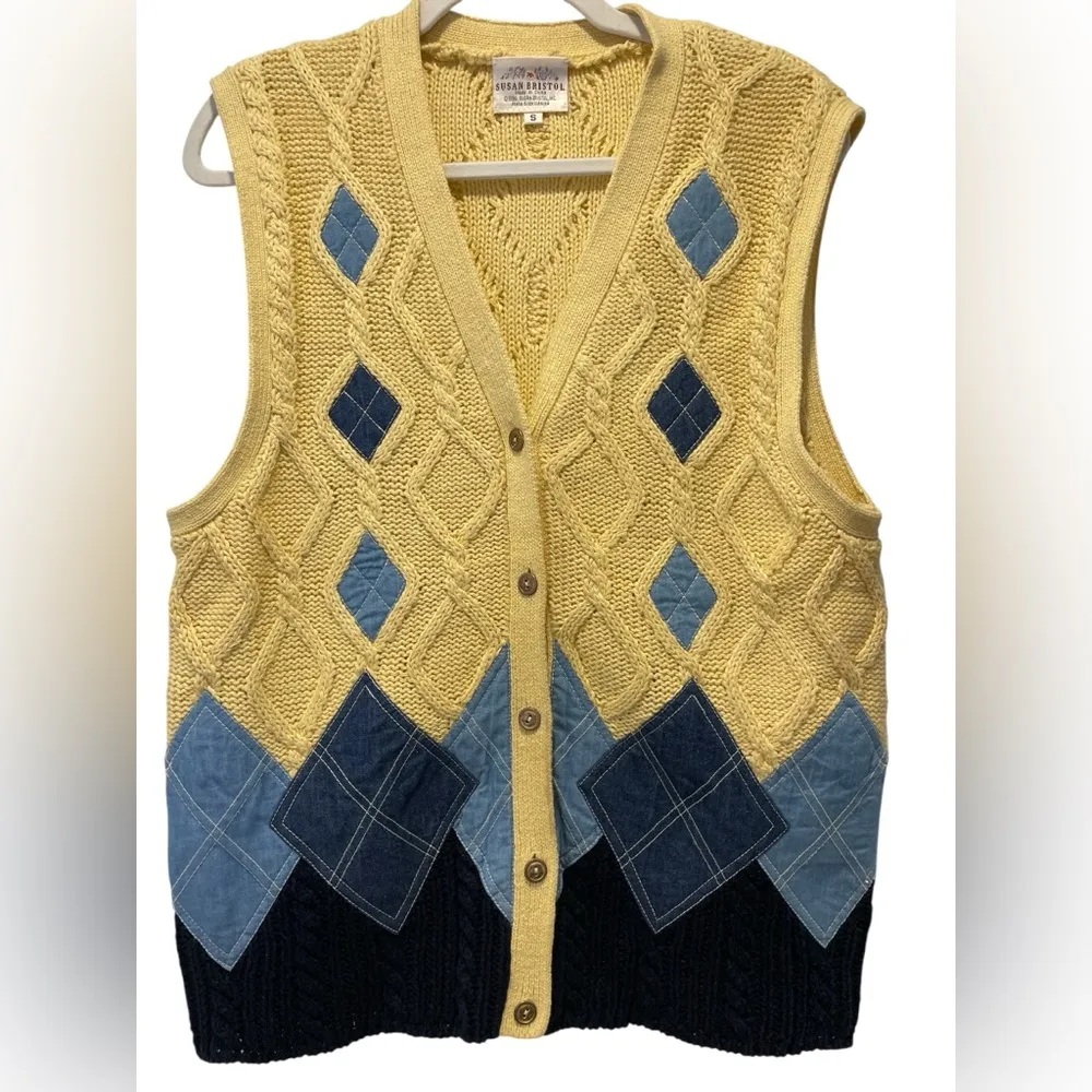 Susan Bristol Yellow and Blue Cardigan with Vintage Knit Design Size S - Image 2