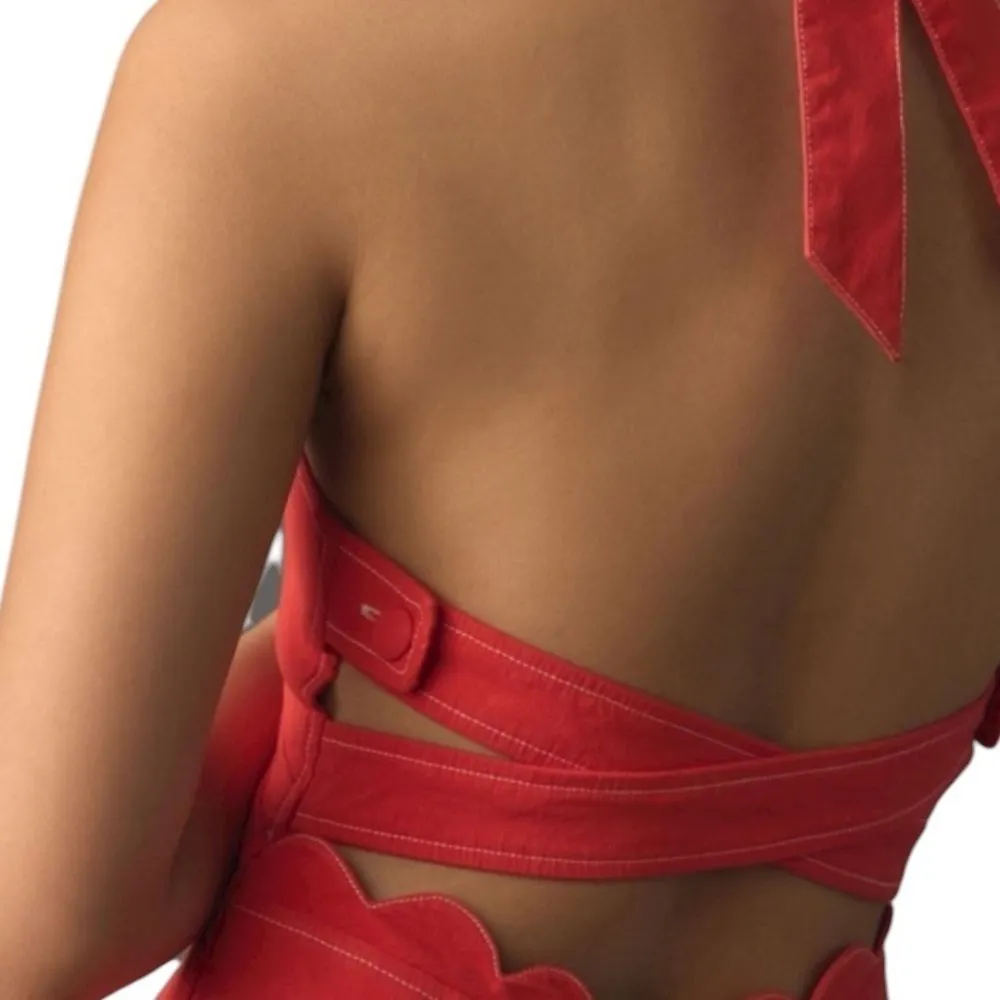 Anthropologie Maeve Red Halter V-Neck Scallop Mini Dress 2 - Image 3