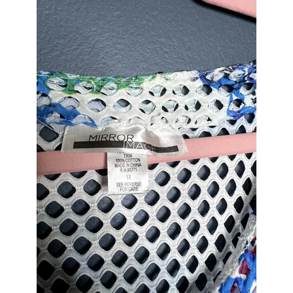 Mirror Image Open Knit Swimsuit Cover Up Coastal Grandma Cherry Floral 1x Women Blue - Image 4