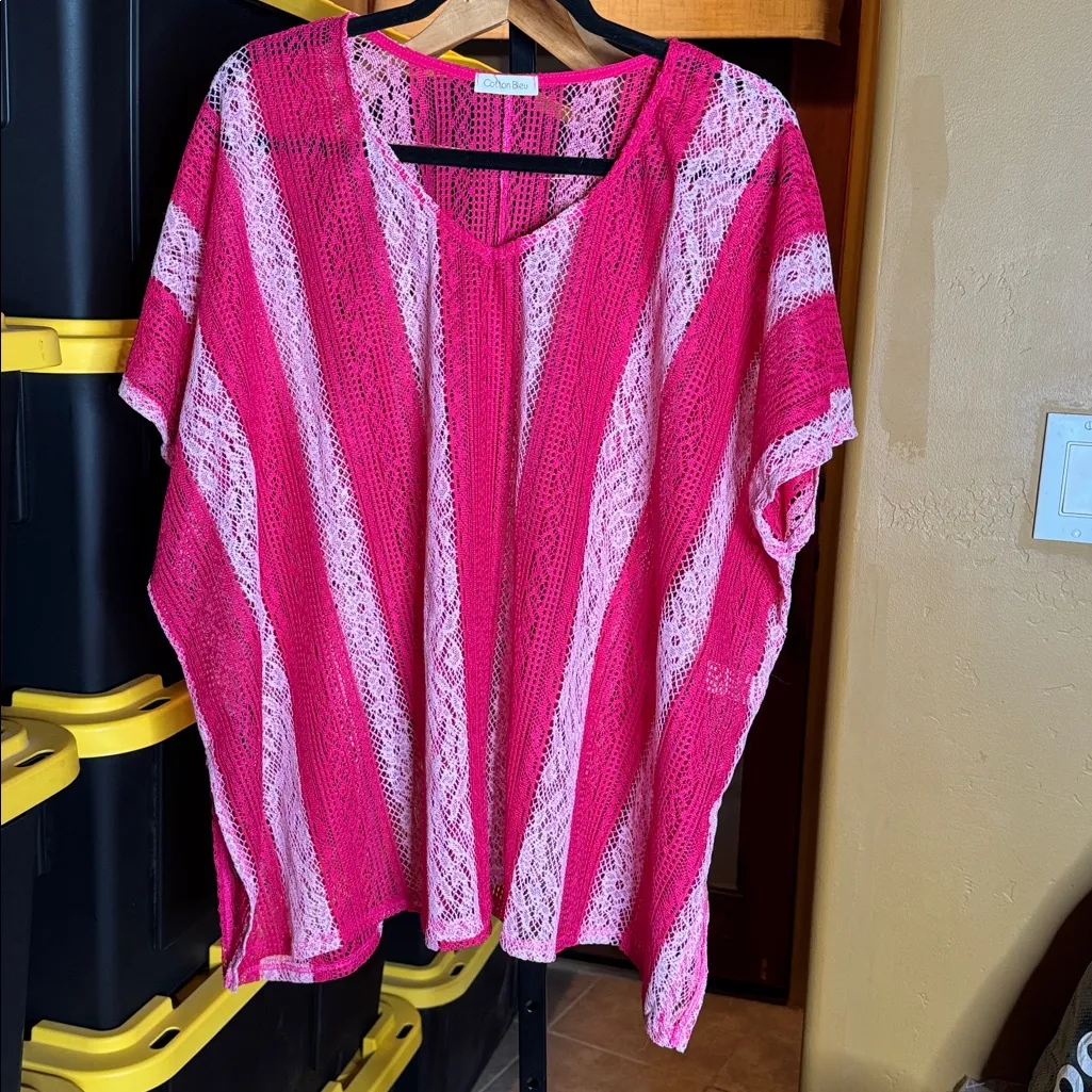 NWOT Cotton Bleu by Nu Label V Neck Drop Shoulder Oversize Top Fuchsia Sz Small Pink - Image 5