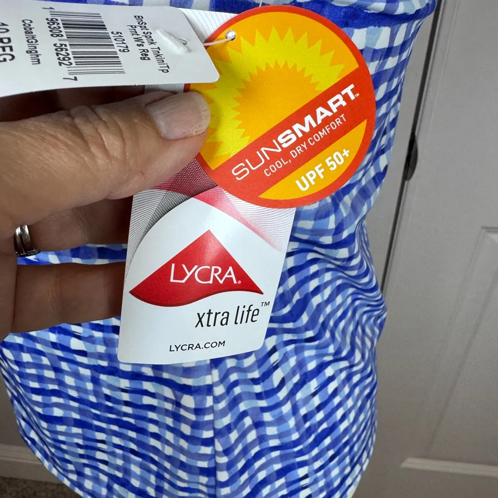 LL Bean SunSmart Tankini Top UPF 50+ Cobalt Gingham Resortwear Swim Tank Size 10 - Image 7