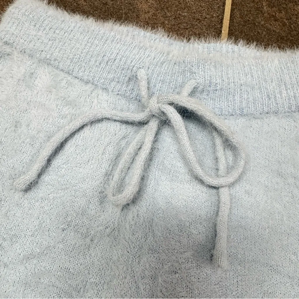 Meshki Luna Fluffy Knit Lounge Shorts Drawstring Pull On Light Blue Small - Image 5