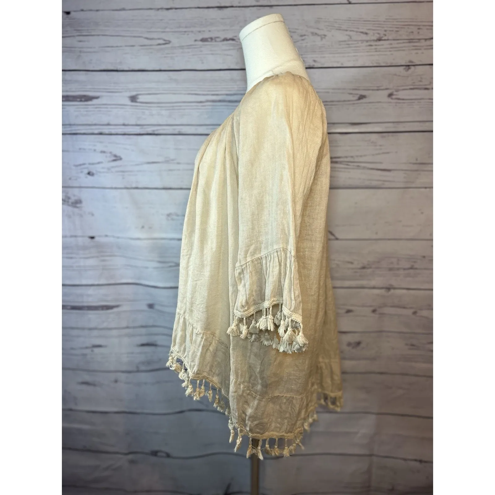 Saks Fifth Avenue Italian Linen Boho Fringe Top Tan M Convertible Off Shoulder - Image 2