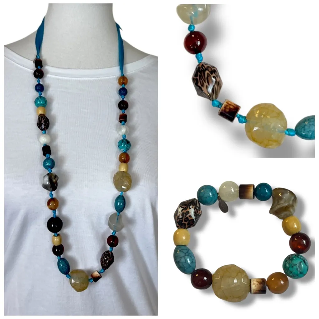 Cookie Lee Necklace Bracelet Set Beaded Faux Stone Teal Tan Multi 18” Length - Image 2