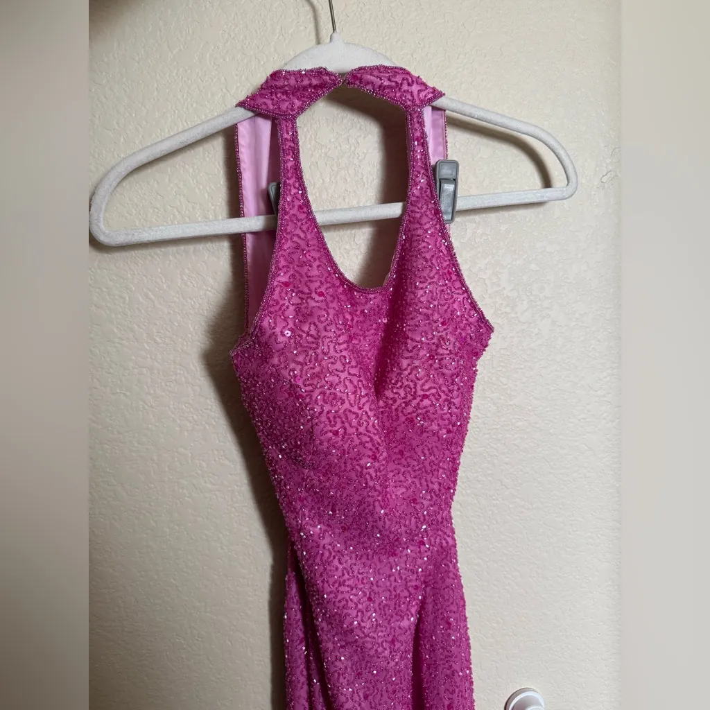 Vintage Y2K Scala Silk Beaded Formal Prom Gown Sz XS in Pink‎ Open Low Back - Image 4