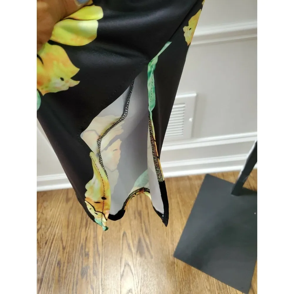 Black Floral Women's Adjustable Waist Polyester High Rise Pull on Wide Leg Pants Size undefined - Image 6