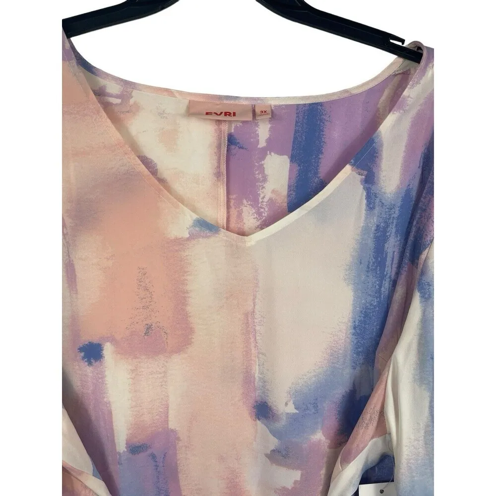 Evri Long Sleeve Semi Sheer Pink Blue Paint Look Tie Waist V - Image 4