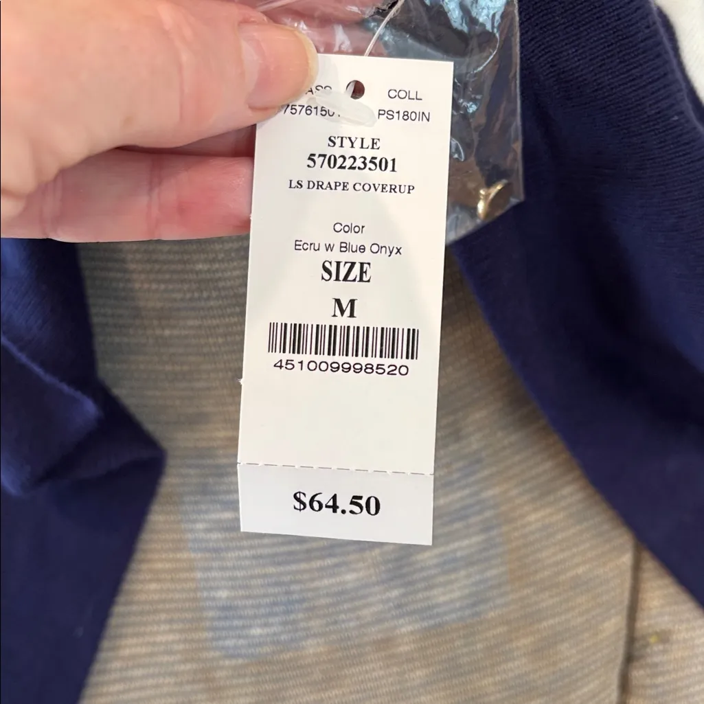 White House Black Market Navy and White Open Front Knit long Cardigan Sweater - Image 8