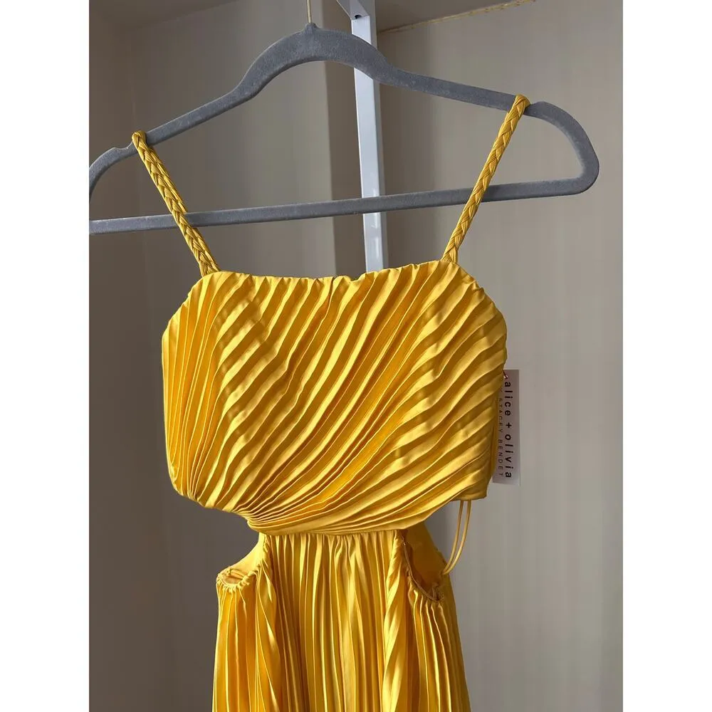 NEW Alice + Olivia Powell Pleated Cutout Satin Wide Leg Golden Jumpsuit size 0 - Image 8