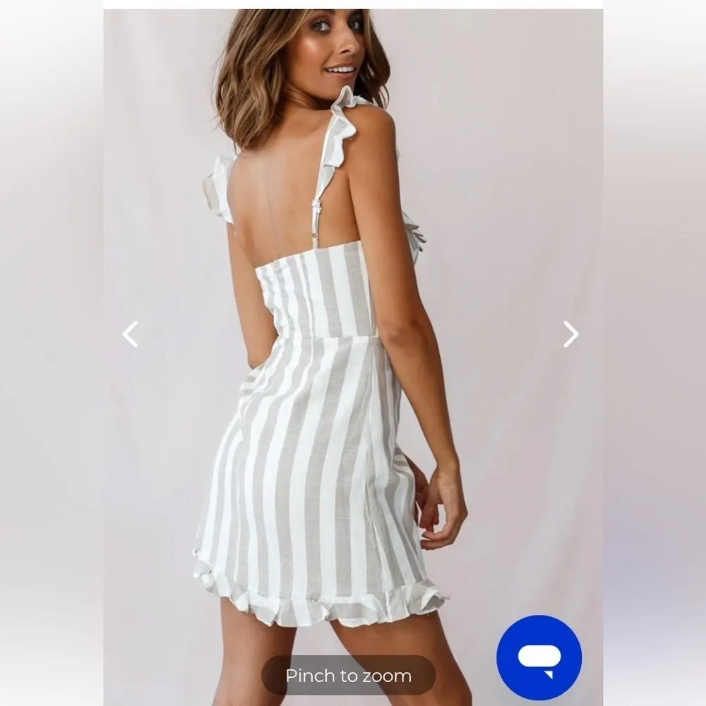 Saints + Secrets cotton wrap dress in beige white stripe with ruffle details. SM - Image 2