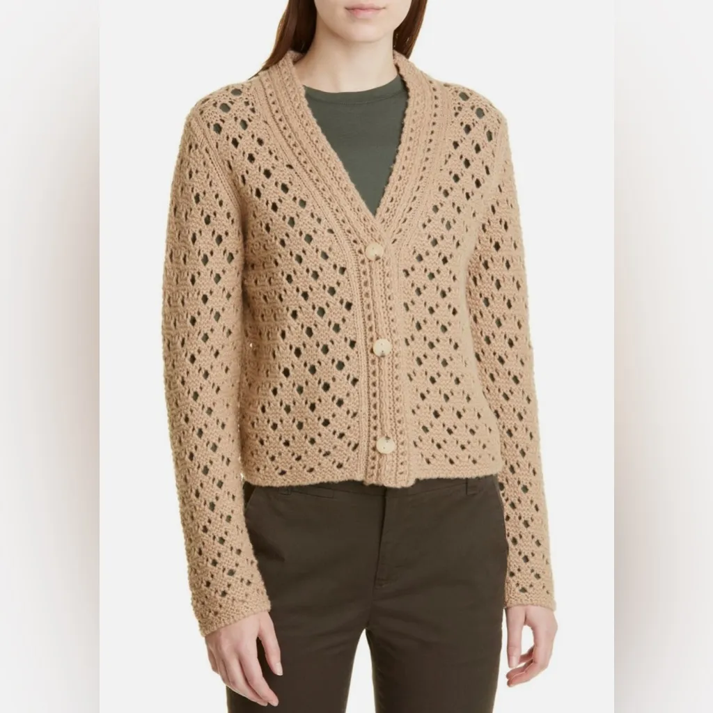 Vince Wool & Cashmere Crochet Cardigan Open Knit V Neck Light Amber Size Small - Image 5