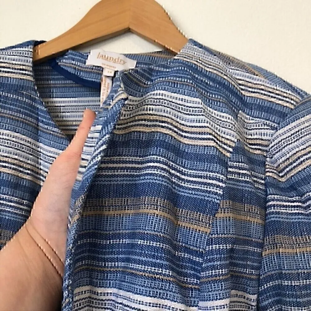 LAUNDRY BY SHELLI SEGAL Blue White Tan Striped Tweed Open Front Blazer Jacket 14 - Image 7