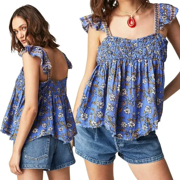 NEW Free People Nala Printed Babydoll Top Blue Oversize Ruched Top Size XS - Image 2