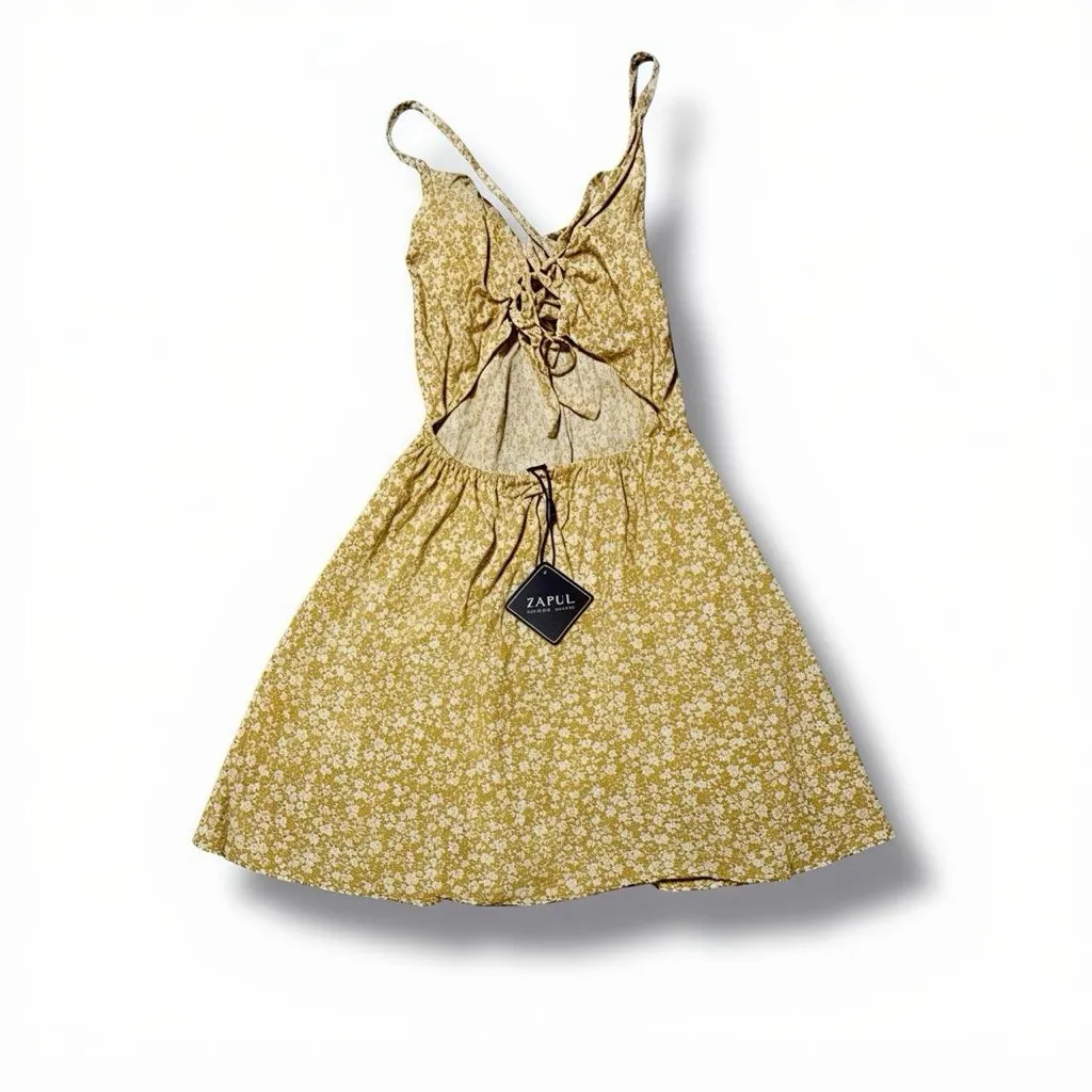Brand New Yellow Spaghetti Strap Floral Mini Sundress - Image 3
