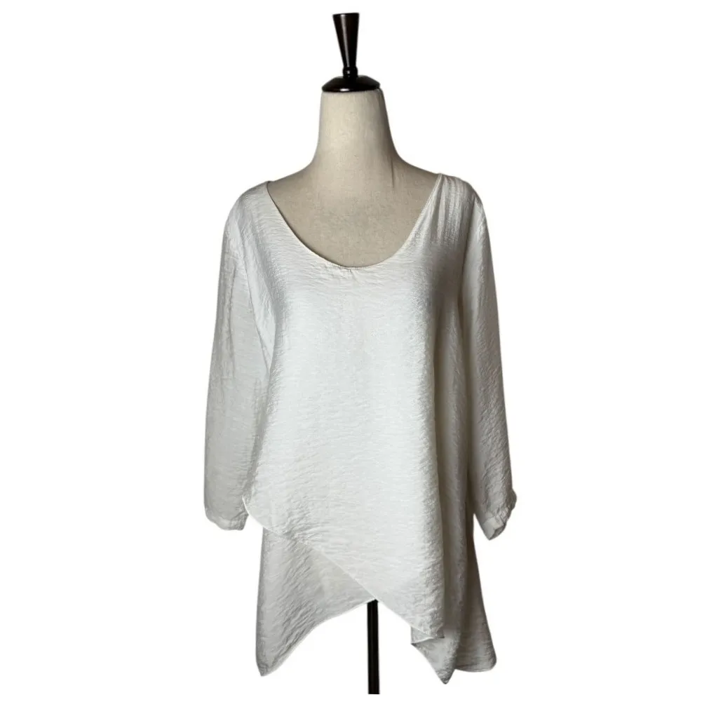Cut Loose Shirt Women‎ Small White Textured Asymmetrical Hem V Neck Tunic Top - Image 2