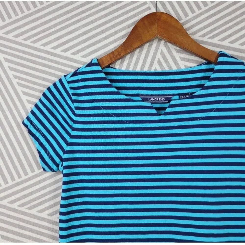 Lands' End Women Casual Dress Teal Blue Tonal Stripe 2X Cotton Short Sleeve Green - Image 3