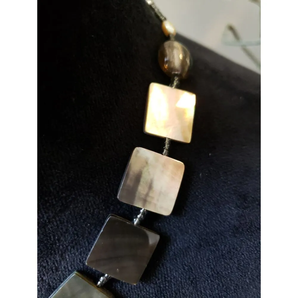 Women Mother of Pearl Shell Tile Beaded Necklace Square Iridescent Natural Tones Silver - Image 4