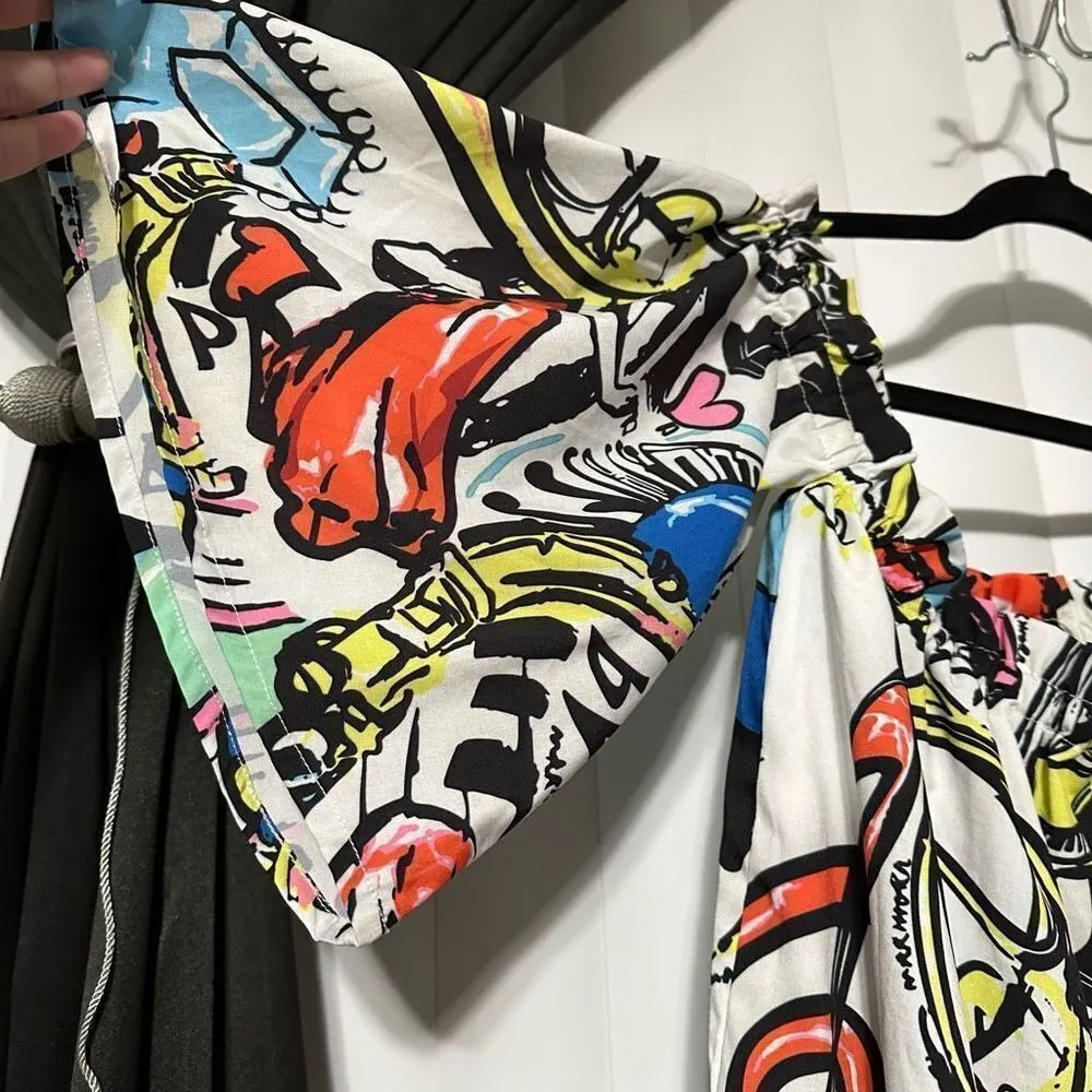 Sexy Aesthetic Graphic Face Print Slash Collar Loose Horn Sleeve Colorful Doodle Red Size L - Image 5