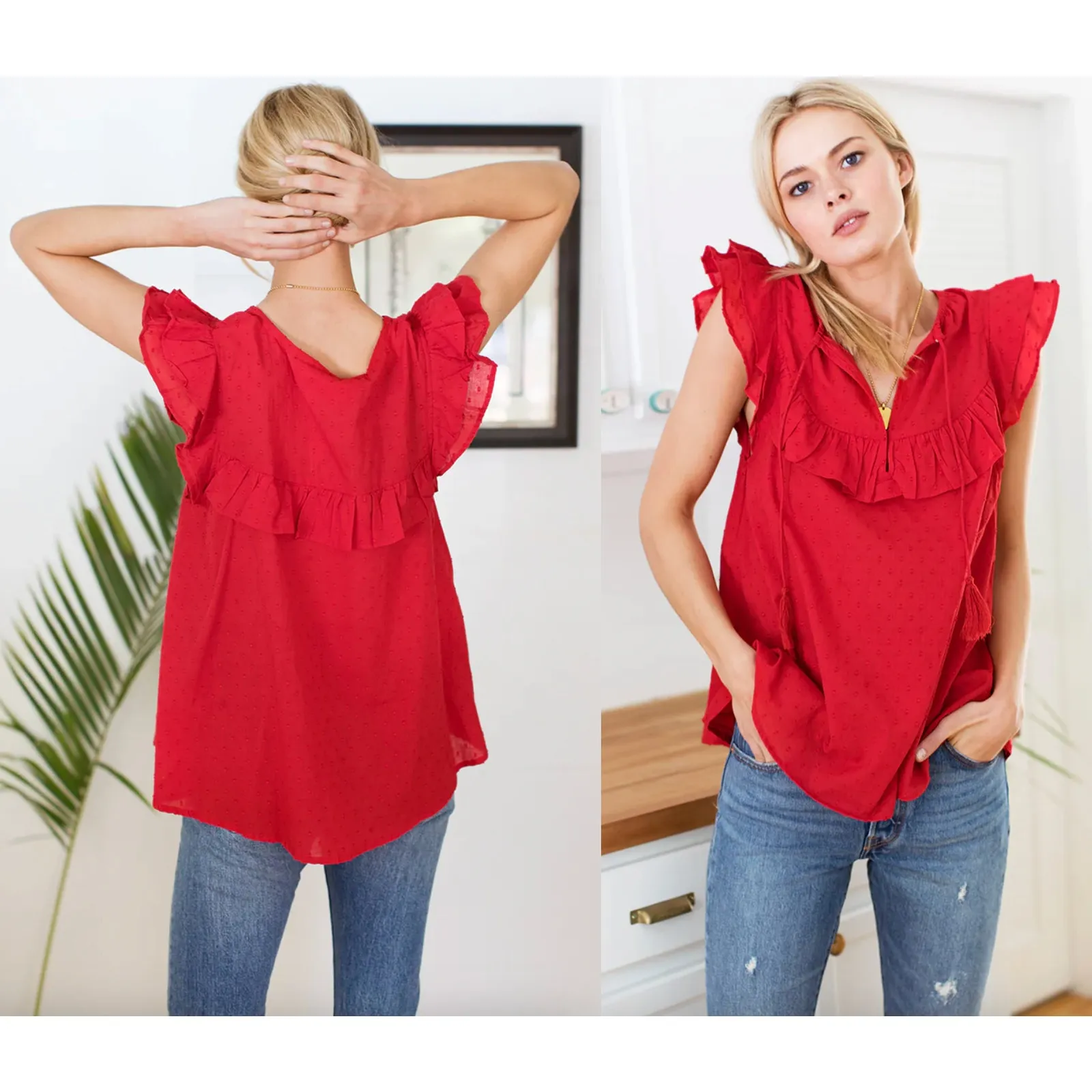 Emerson Fry | India Collection | Antoinette Top | Red Swiss Dots | Sz M Size M - Image 2