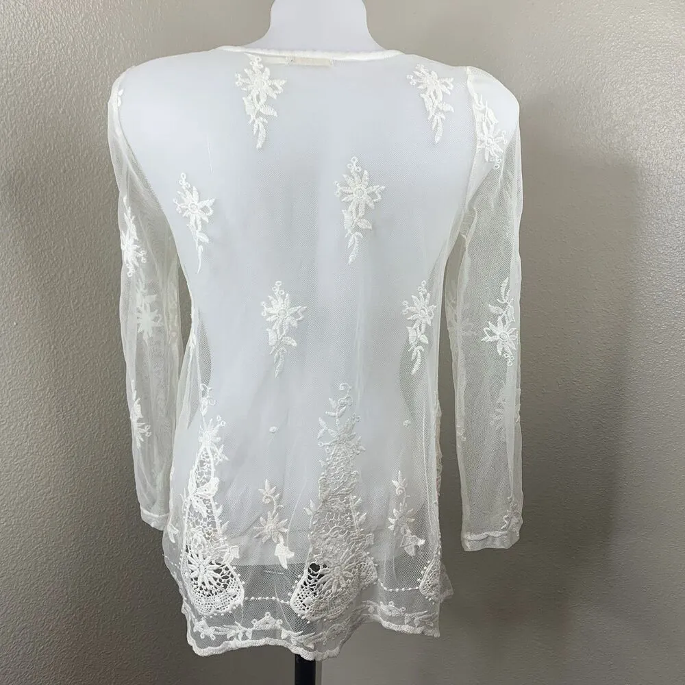 Womens White Lace Embroidered Sleeve Bohemian Blouse Sz M Top Shirt - Image 4