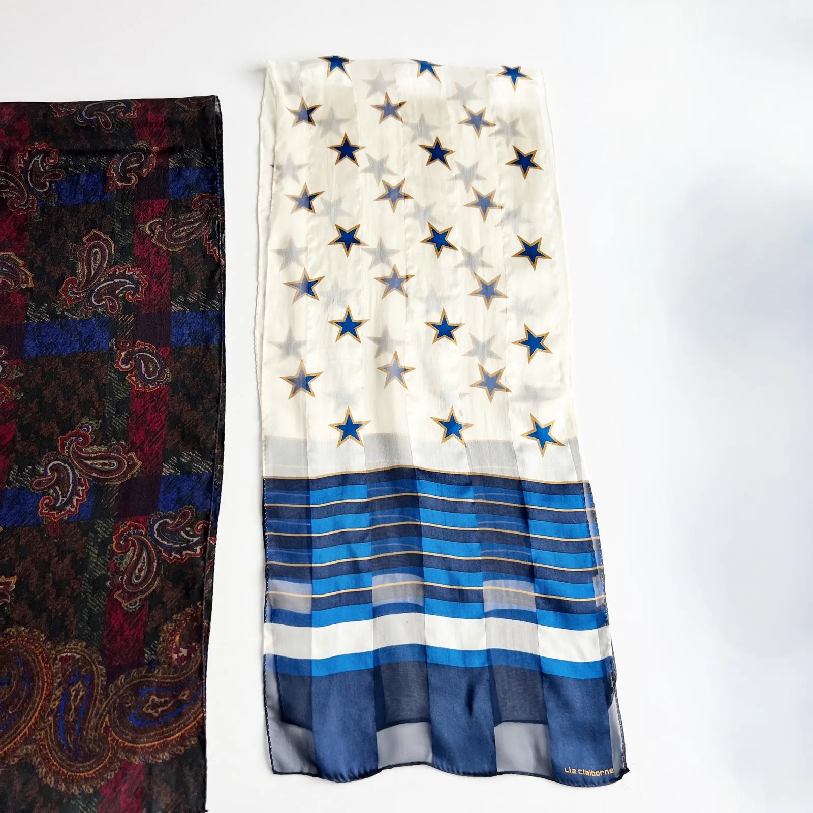 [Vintage] 80s Liz Claiborne Silk Scarves Stars Stripes Paisley Print Purse Scarf Blue - Image 8