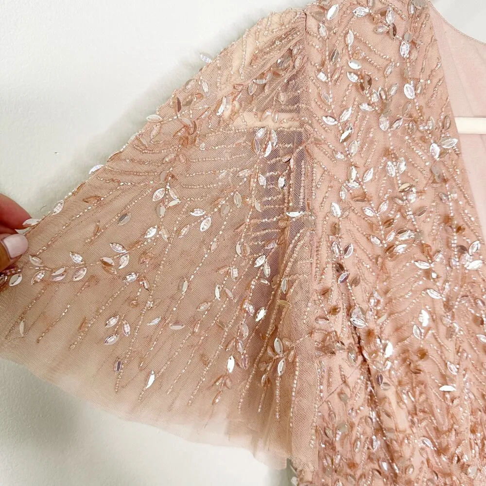 Mac Duggal 35109 Surplice Bodice Embellished Gown Flutter Sleeve Nude Size 8 - Image 7