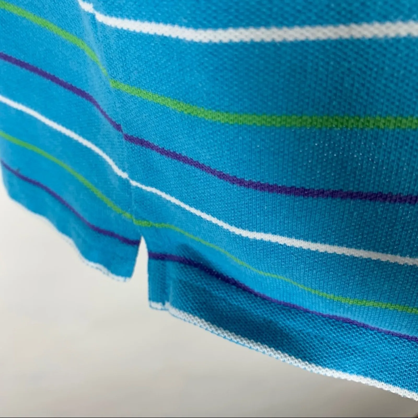 90s Turquoise Stripe Crop Polo Shirt Large Blue Size M - Image 9