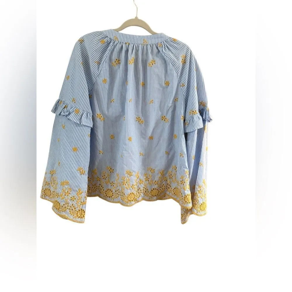 Very J boutique, blue and white striped blouse with yellow tassels size medium - Image 3
