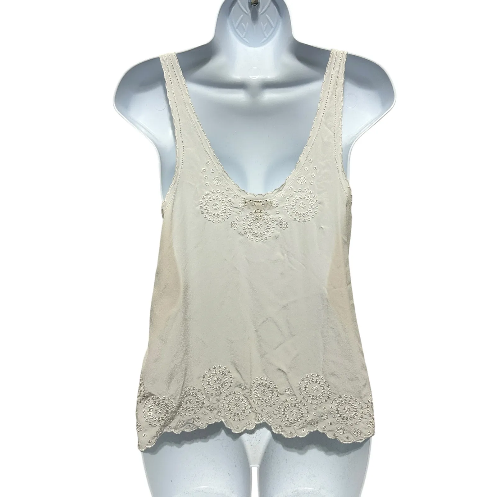 Joie Women Tank Top S Ivory Silk Eyelet Embroidered Coquette Cottage Scallop Hem - Image 2