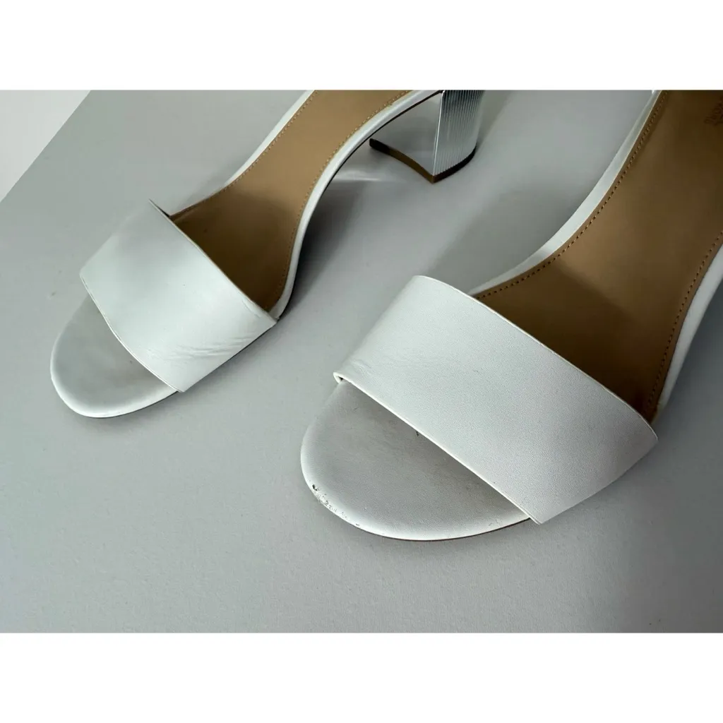 Michael Kors White Leather Open Toe Ankle Strap Silver Block Heel Sandals 10 - Image 6