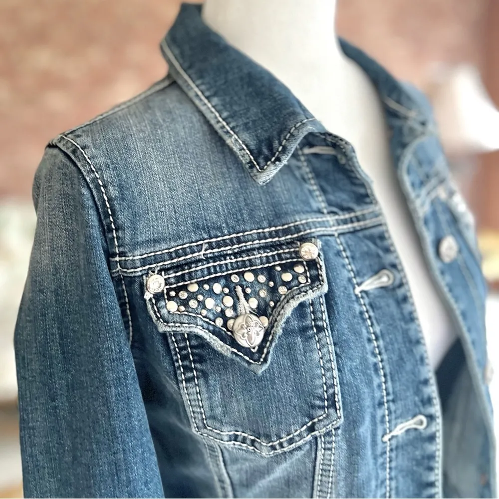 Miss Me Embellished Rhinestone Denim Blue Jacket S Distressed Stud Cropped Mod - Image 12